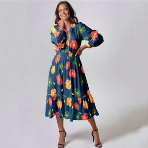 Tucker Juliette Dress Navy Poppies Crepe de Chine Silk Midi Ruffles Floral
